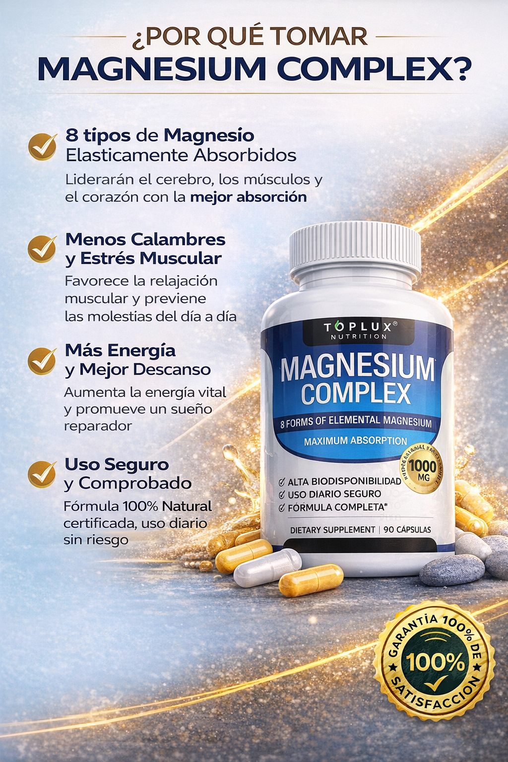 Magnesio Completo 1000mg  8 Tipos Alta Absorción  Más Energía, Mejor Sueño y Menos Calambres  90 Cápsulas
