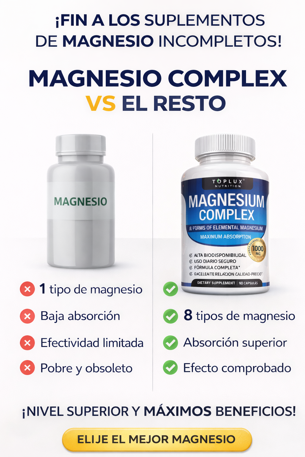 Magnesio Completo 1000mg  8 Tipos Alta Absorción  Más Energía, Mejor Sueño y Menos Calambres  90 Cápsulas
