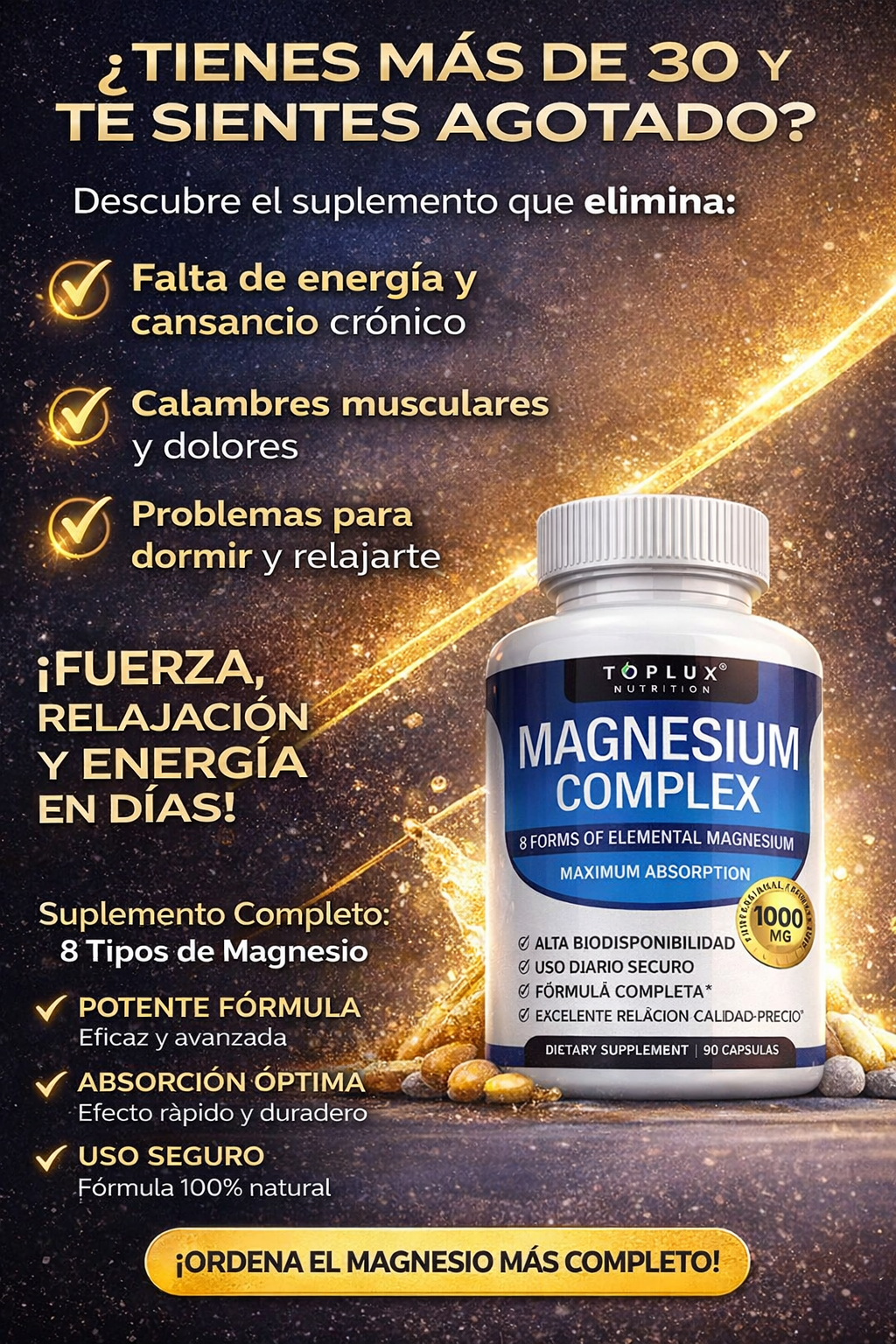 Magnesio Completo 1000mg  8 Tipos Alta Absorción  Más Energía, Mejor Sueño y Menos Calambres  90 Cápsulas