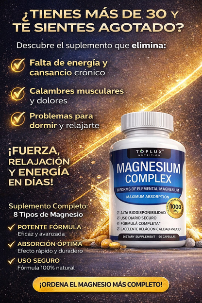 Magnesio Completo 1000mg  8 Tipos Alta Absorción  Más Energía, Mejor Sueño y Menos Calambres  90 Cápsulas