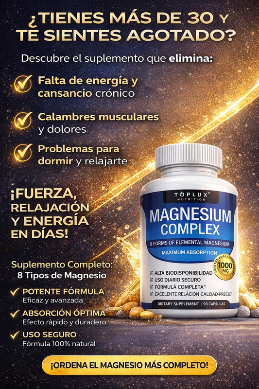 Magnesio Completo 1000mg  8 Tipos Alta Absorción  Más Energía, Mejor Sueño y Menos Calambres  90 Cápsulas